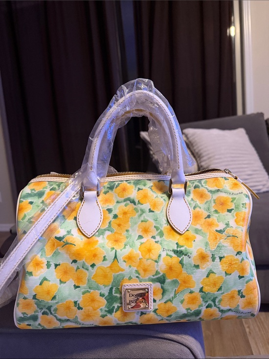 Dooney & Bourke Handbags - Dooney & Bourke Yellow Floral Satchel with White Handles